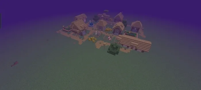 Village under purple sky in modded world.