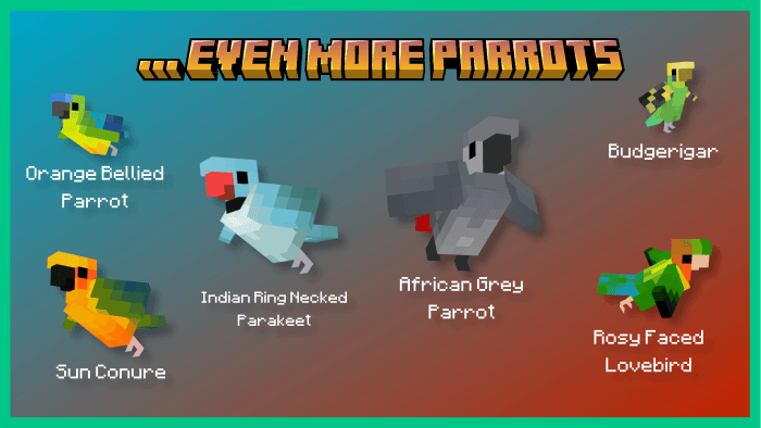 Colorful blocky parrots and parakeets lineup