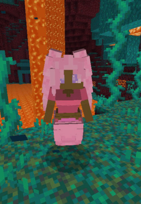Pink mermaid character in pixel world.