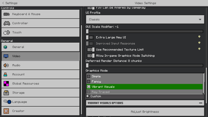 Game settings menu with Vibrant Visuals.