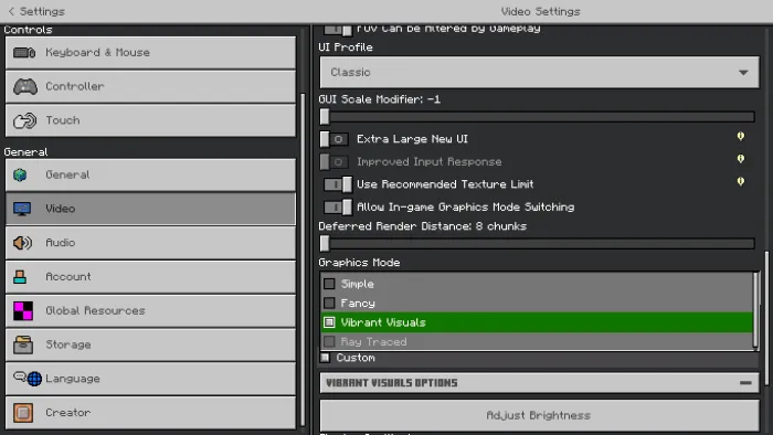 Game settings menu with Vibrant Visuals.