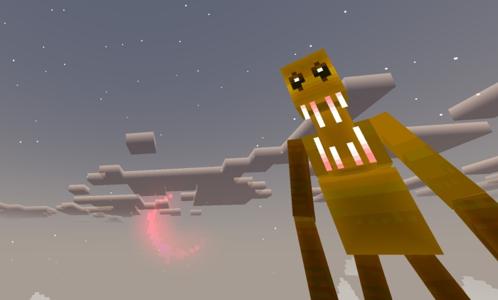Blocky creature with long limbs under clouds.