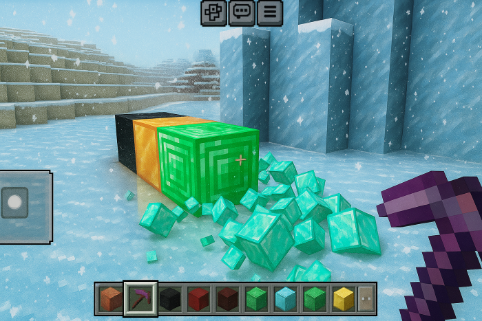 Pickaxe mining emerald block in snow.