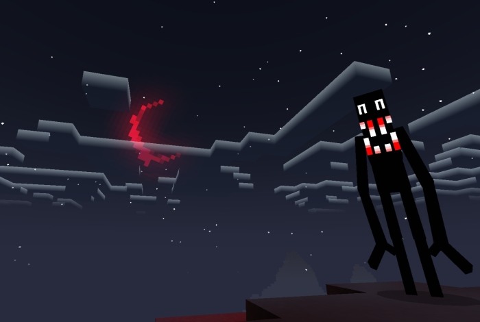 Blocky figure under a red crescent moon.