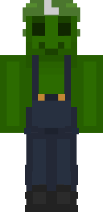 Green gummy character in overalls