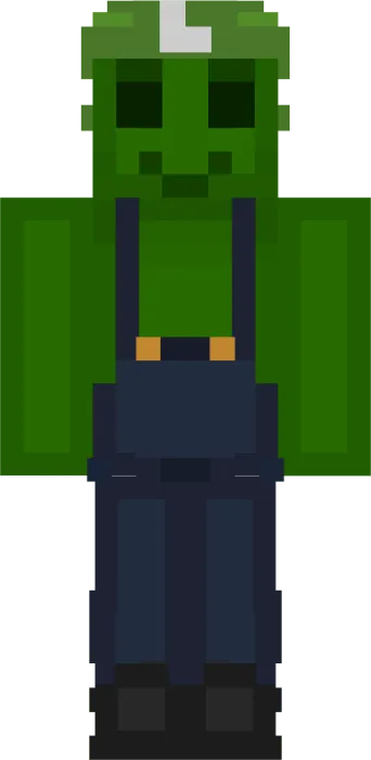 Green gummy character in overalls