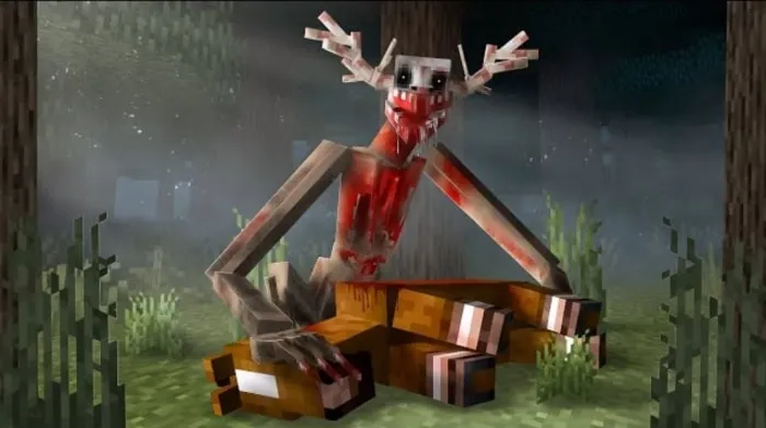 Grotesque creature with antlers in dark forest