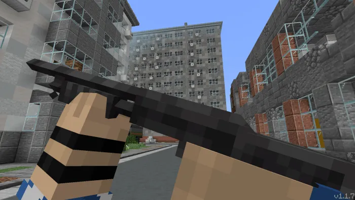 Pixelated shotgun held in a city street