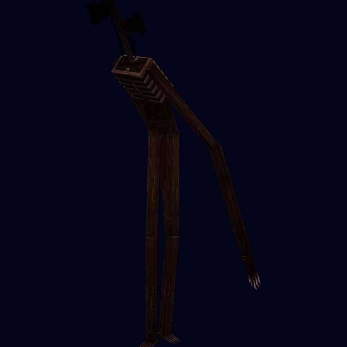 Tall, siren-headed boss mob in darkness.