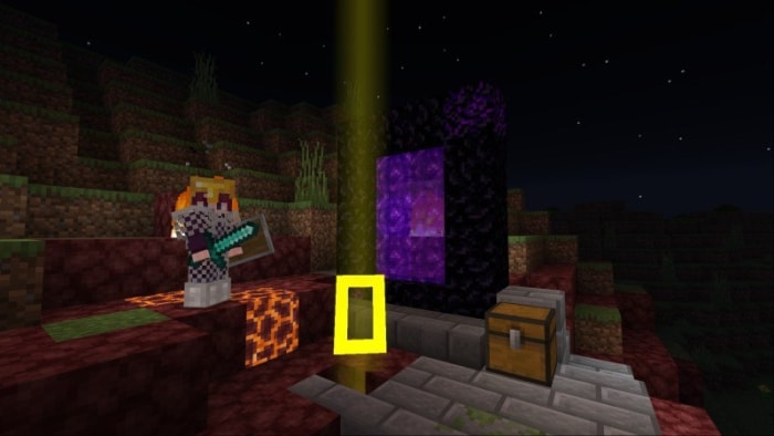 Character near portal with chest at night.