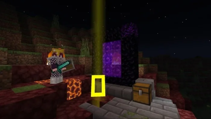 Character near portal with chest at night.