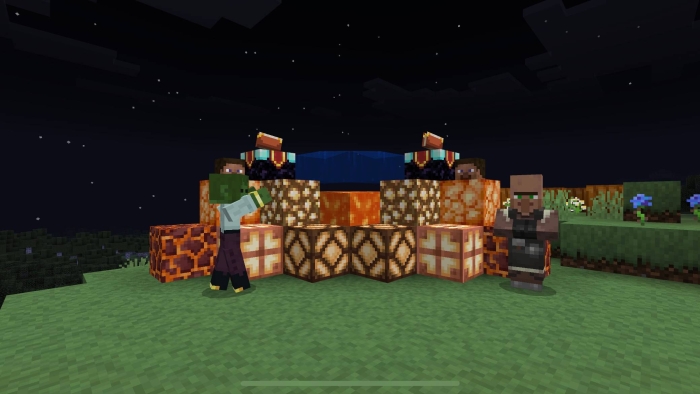 Two characters by animated textured blocks