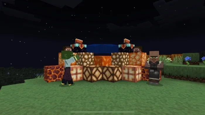 Two characters by animated textured blocks
