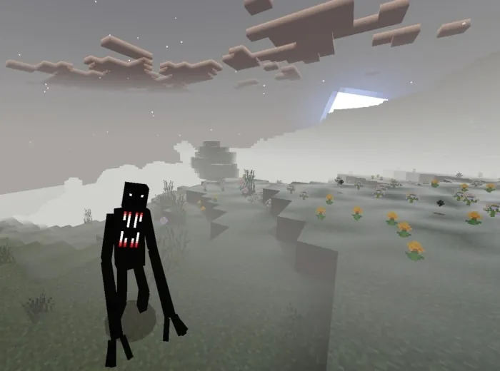 Tall, shadowy figure in foggy landscape.
