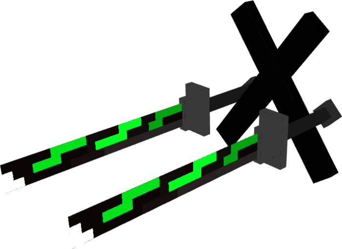 3D swords with green glowing elements.