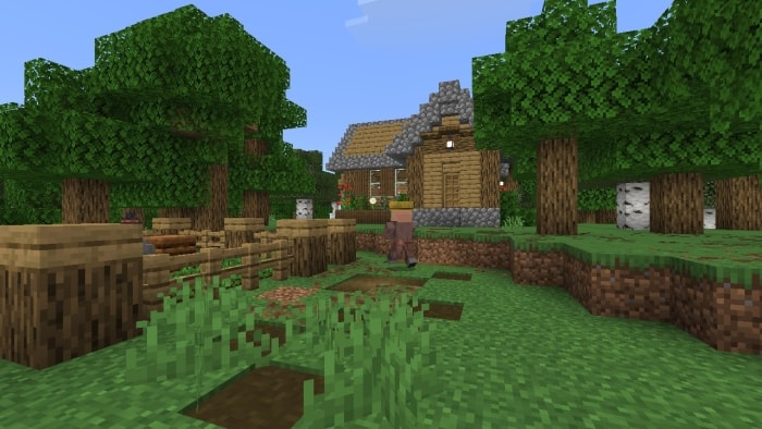 Villager near a wooden house in a forest.