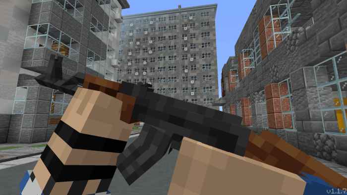 Pixelated character holding a rifle in a city