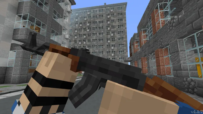 Pixelated character holding a rifle in a city