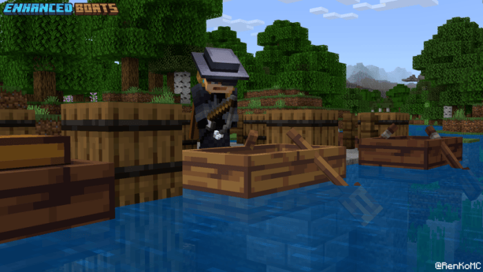 Player in upgraded boat on a lake.