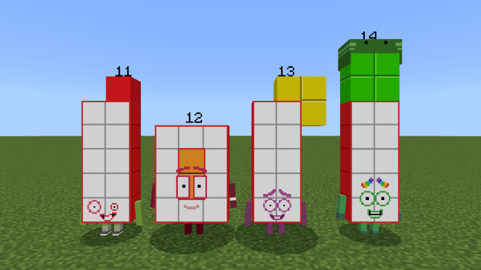 Blocky characters numbered 11 to 14.