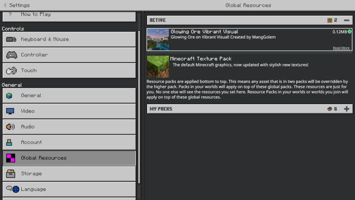 Resource pack menu with glowing ores.
