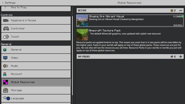 Resource pack menu with glowing ores.