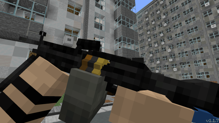 Blocky character aiming a black rifle outdoors