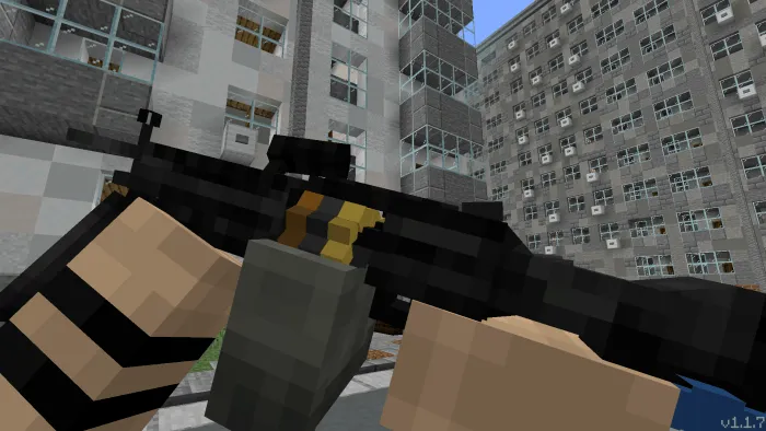 Blocky character aiming a black rifle outdoors