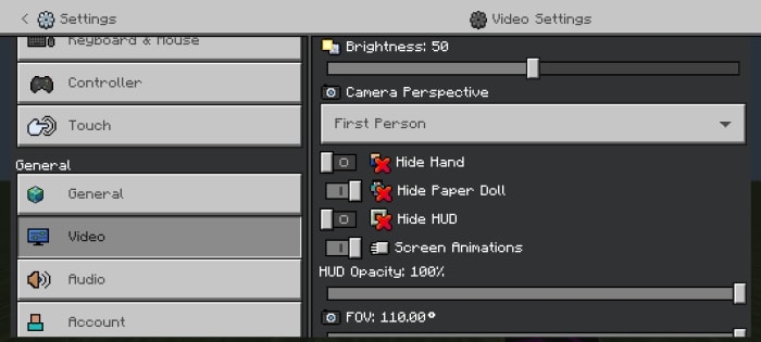 Settings menu with video options panel