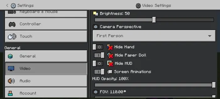 Settings menu with video options panel