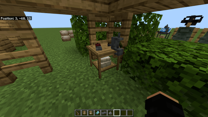 Workbench with military-themed items displayed