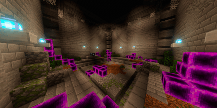 Dungeon room with glowing purple blocks.