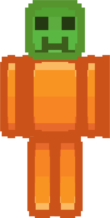 Pixelated orange figure with a green face.