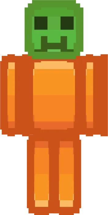 Pixelated orange figure with a green face.