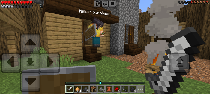 Player facing NPC with shield in village scene
