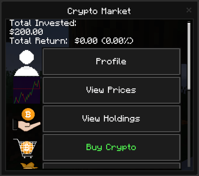 Crypto market interface with options.