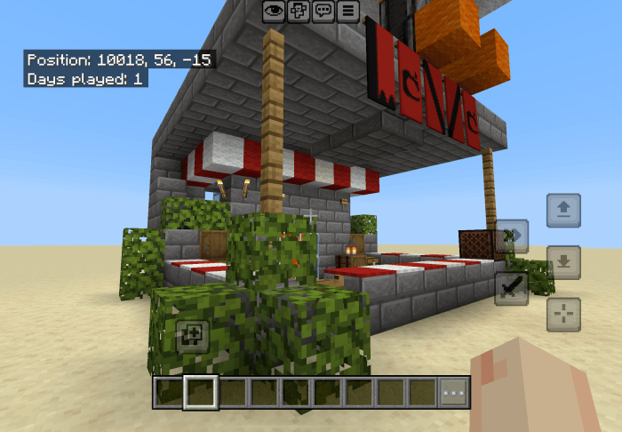 Outdoor chicken shack with red striped awning