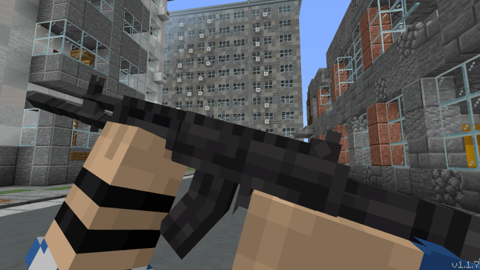 Blocky character holding a rifle in cityscape