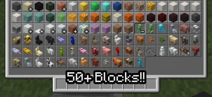 Grid of colorful mob-themed blocks, 50
