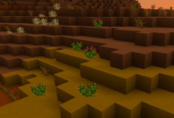 Blocky desert terrain with new foliage.