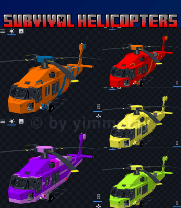 Five colorful blocky helicopters displayed.