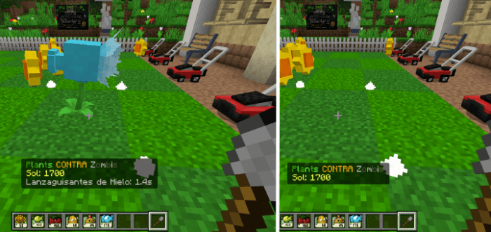 Left Ice Peashooter on lawn defense grid Right Empty lawn defense grid, tool equipped