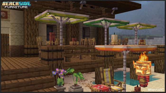 Beachside patio with umbrellas and chairs.