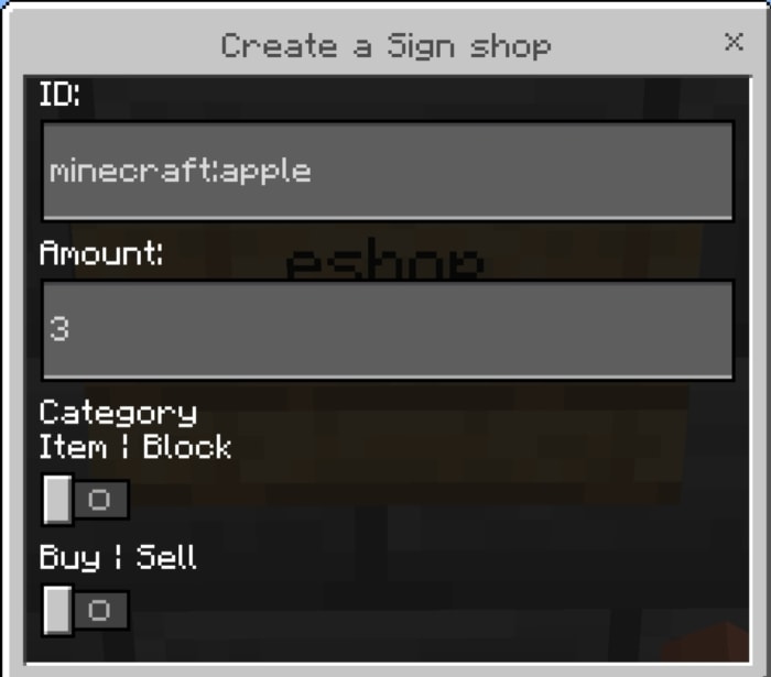 Sign shop setup menu with item options