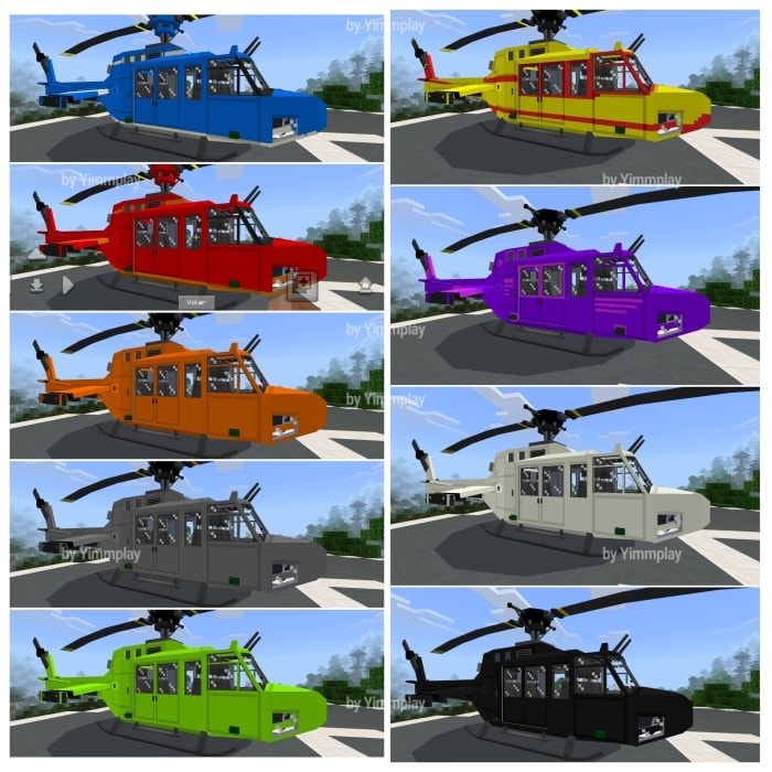 Nine blocky helicopters in different colors
