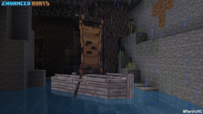 Boat with banner in a cave setting.