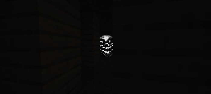 Creepy glowing face lurking in dark hallway
