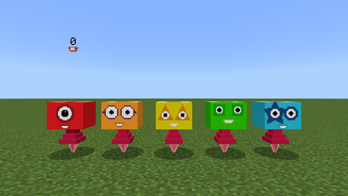 Five colorful block characters in a row.