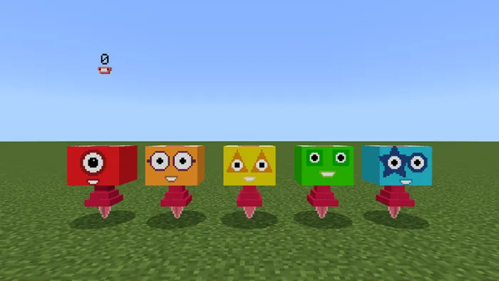 Five colorful block characters in a row.