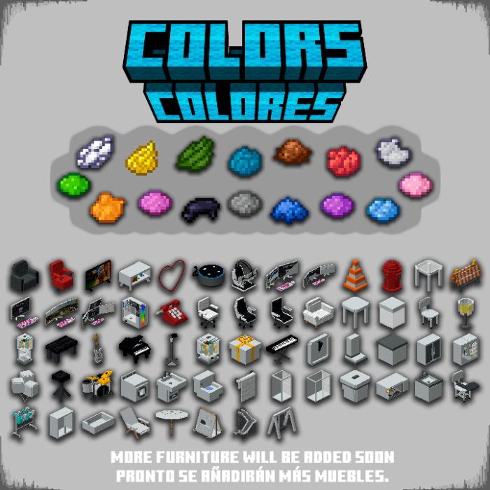 Colorful furniture items and icons.